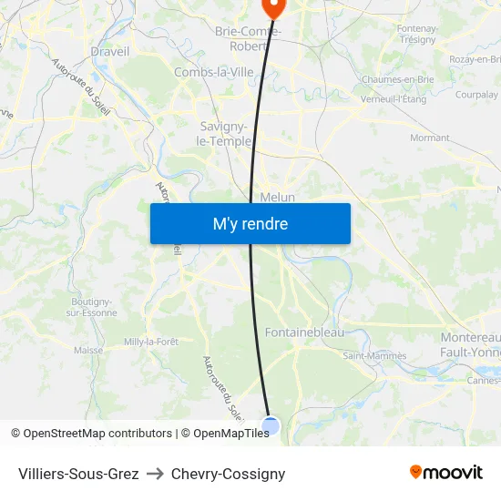 Villiers-Sous-Grez to Chevry-Cossigny map