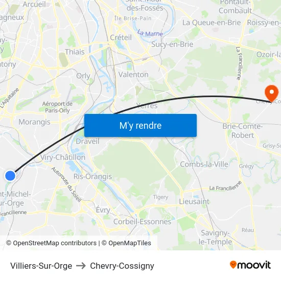Villiers-Sur-Orge to Chevry-Cossigny map