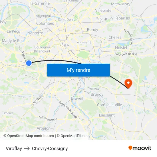 Viroflay to Chevry-Cossigny map