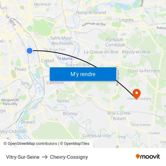 Vitry-Sur-Seine to Chevry-Cossigny map