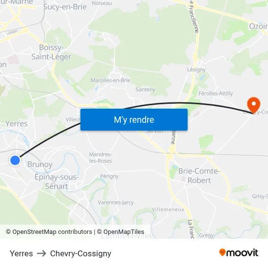 Yerres to Chevry-Cossigny map