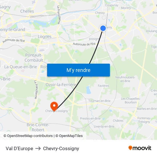 Val D'Europe to Chevry-Cossigny map