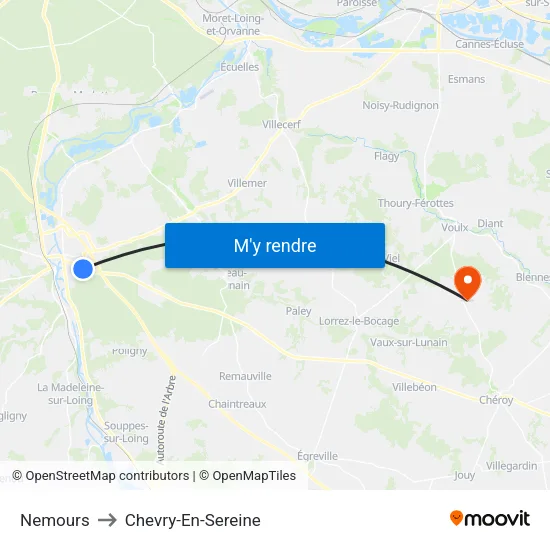 Nemours to Chevry-En-Sereine map