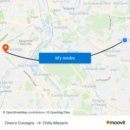 Chevry-Cossigny to Chilly-Mazarin map