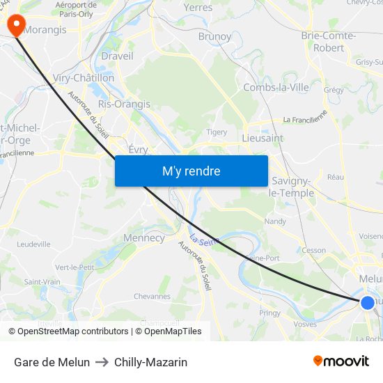 Gare de Melun to Chilly-Mazarin map