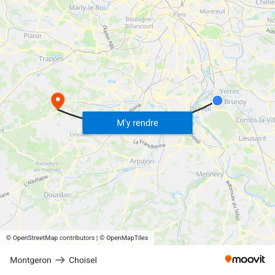 Montgeron to Choisel map