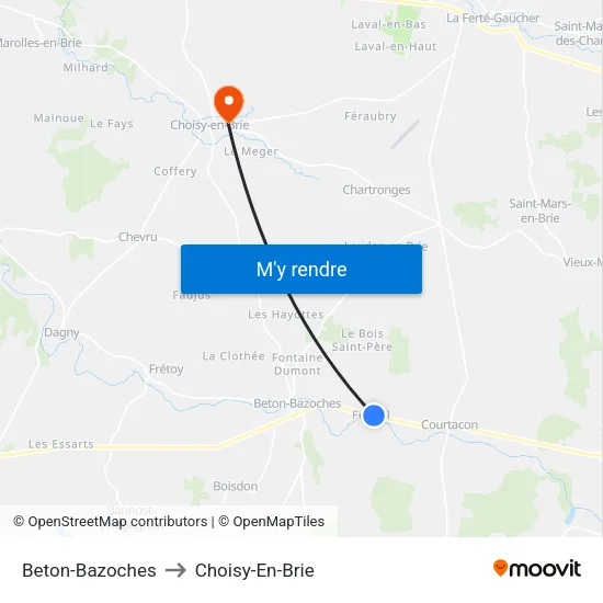 Beton-Bazoches to Choisy-En-Brie map