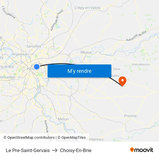 Le Pre-Saint-Gervais to Choisy-En-Brie map