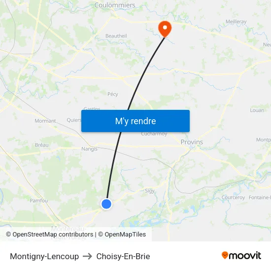 Montigny-Lencoup to Choisy-En-Brie map