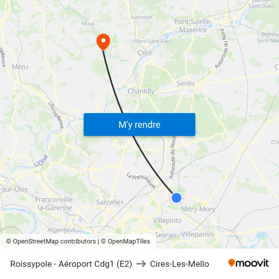 Roissypole - Aéroport Cdg1 (E2) to Cires-Les-Mello map