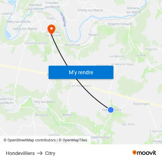 Hondevilliers to Citry map