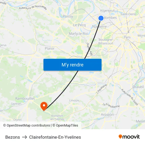 Bezons to Clairefontaine-En-Yvelines map