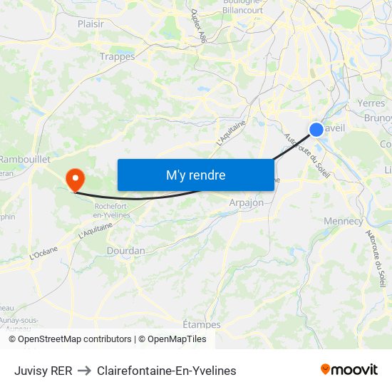 Juvisy RER to Clairefontaine-En-Yvelines map