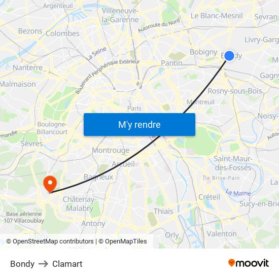 Bondy to Clamart map