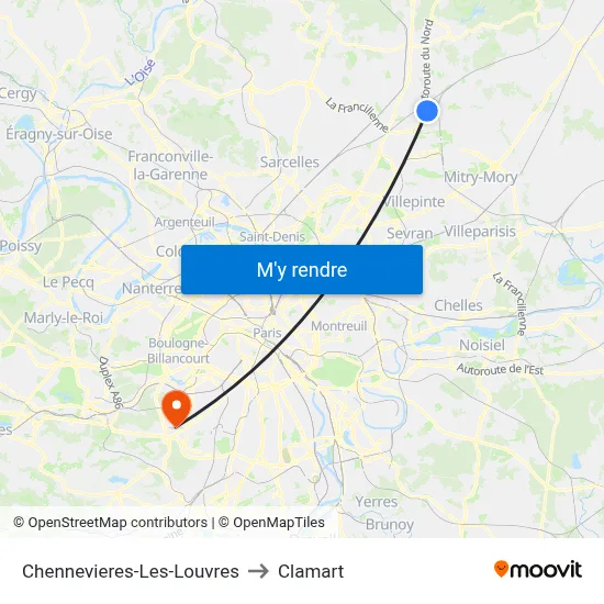 Chennevieres-Les-Louvres to Clamart map