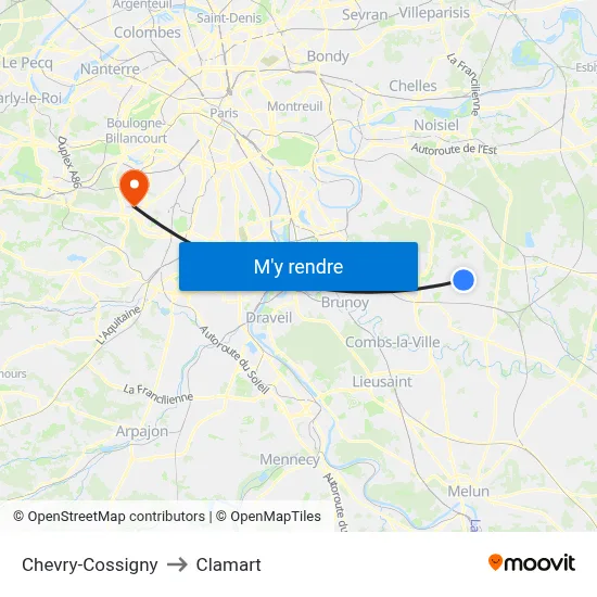 Chevry-Cossigny to Clamart map