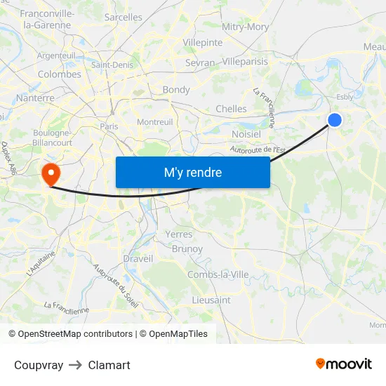 Coupvray to Clamart map