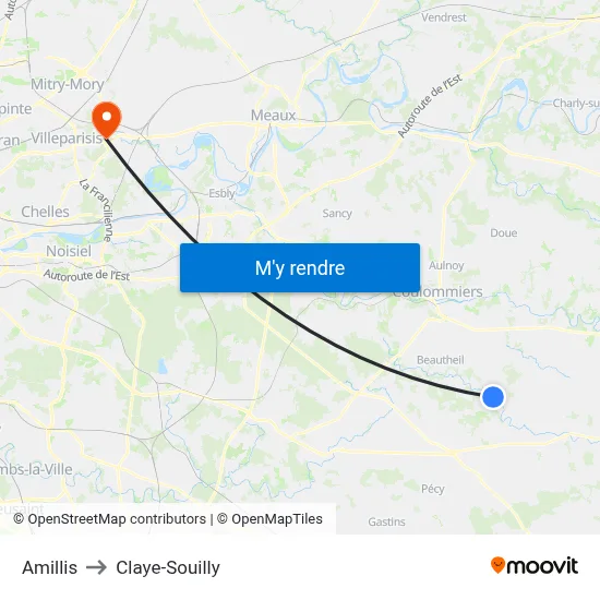Amillis to Claye-Souilly map