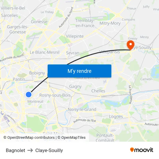 Bagnolet to Claye-Souilly map