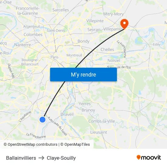 Ballainvilliers to Claye-Souilly map