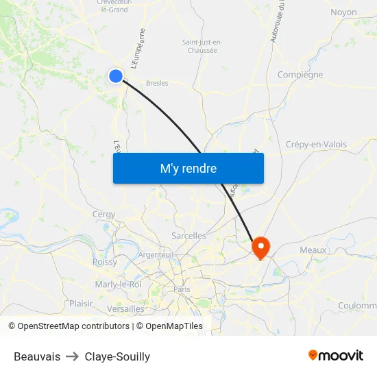 Beauvais to Claye-Souilly map