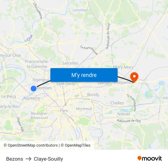 Bezons to Claye-Souilly map