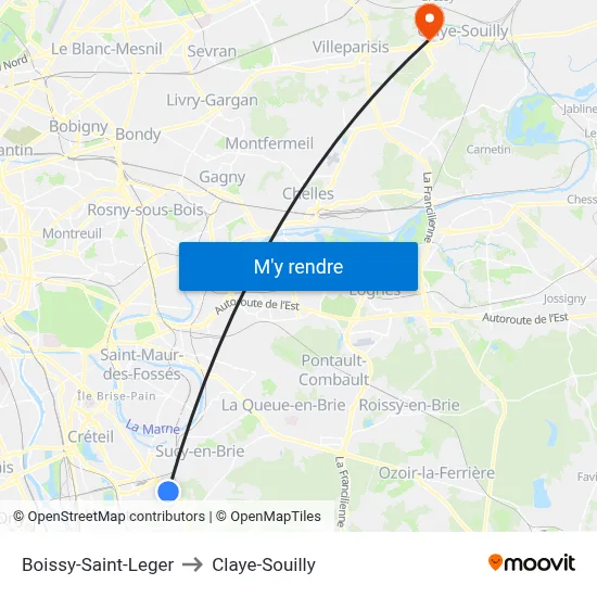 Boissy-Saint-Leger to Claye-Souilly map