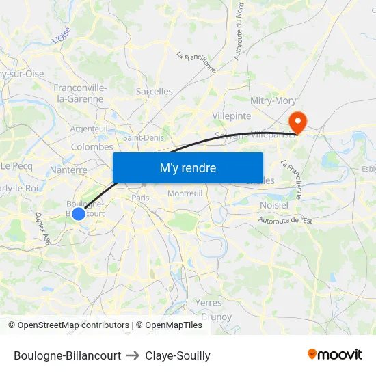 Boulogne-Billancourt to Claye-Souilly map