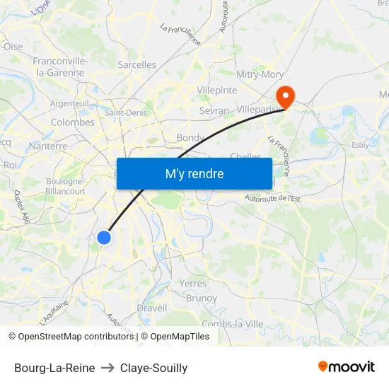 Bourg-La-Reine to Claye-Souilly map