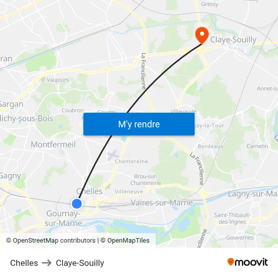 Chelles to Claye-Souilly map