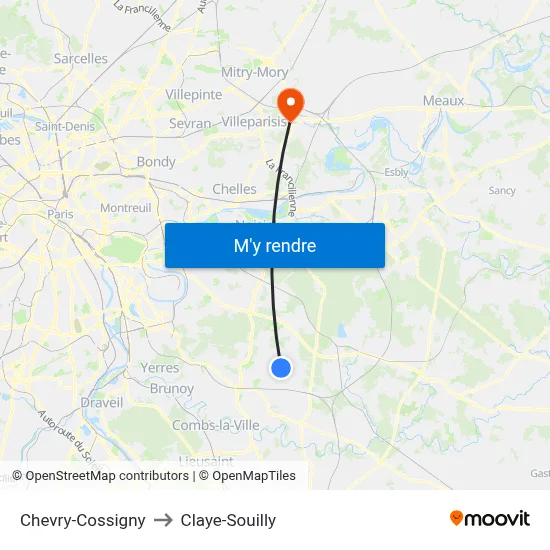 Chevry-Cossigny to Claye-Souilly map