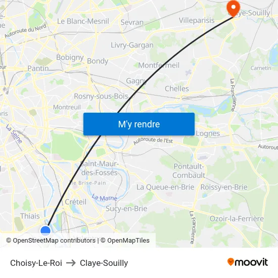 Choisy-Le-Roi to Claye-Souilly map