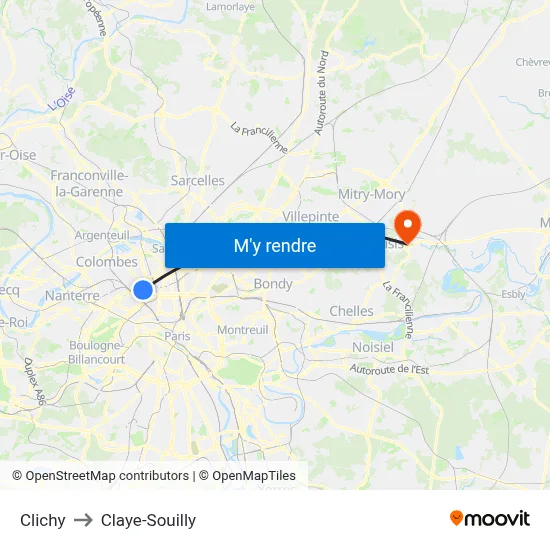 Clichy to Claye-Souilly map