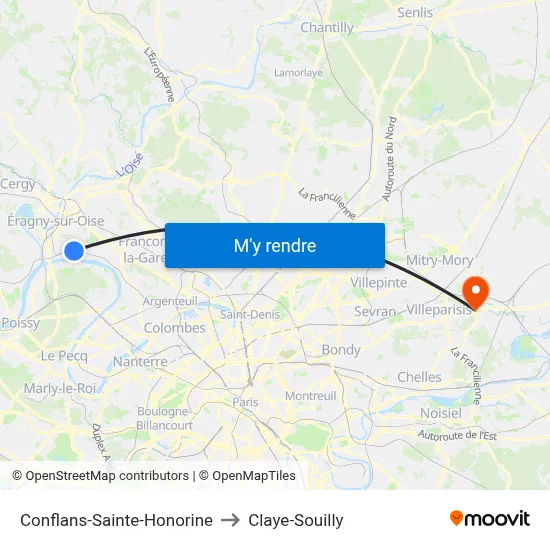 Conflans-Sainte-Honorine to Claye-Souilly map