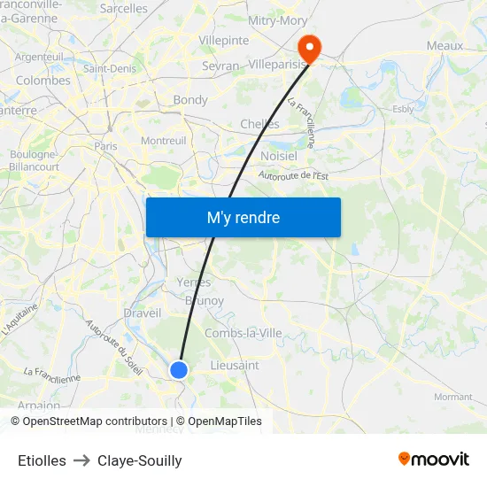Etiolles to Claye-Souilly map