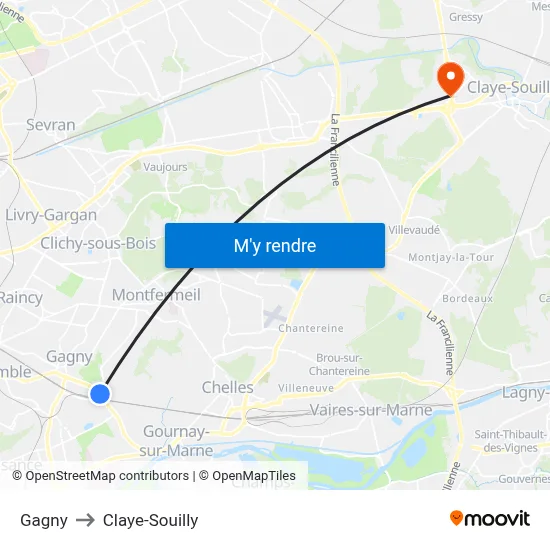 Gagny to Claye-Souilly map