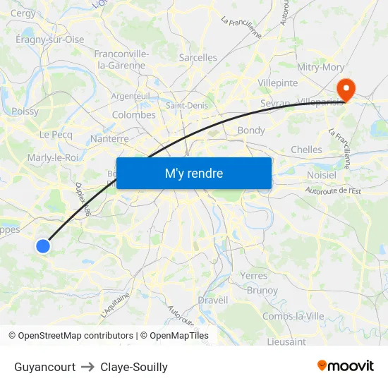 Guyancourt to Claye-Souilly map