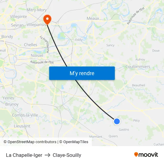La Chapelle-Iger to Claye-Souilly map