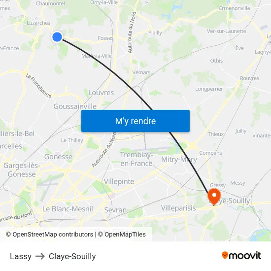 Lassy to Claye-Souilly map