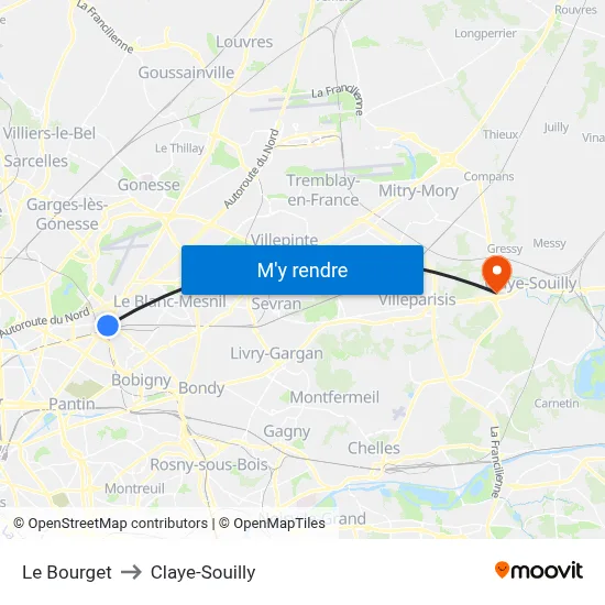 Le Bourget to Claye-Souilly map