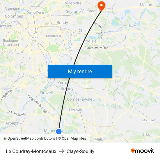 Le Coudray-Montceaux to Claye-Souilly map