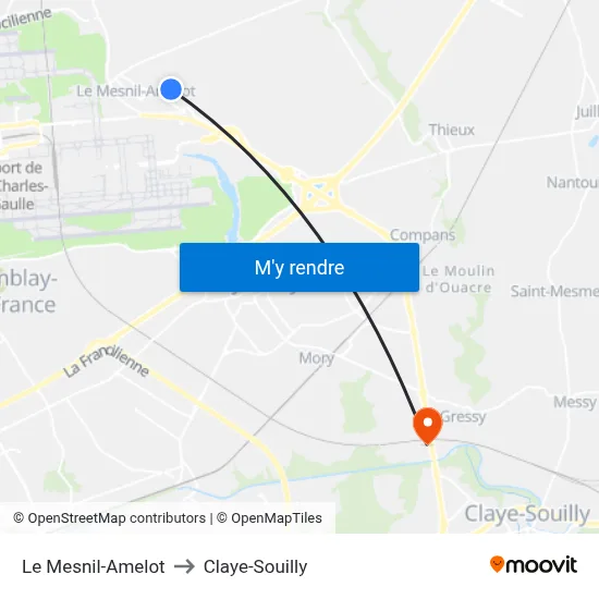 Le Mesnil-Amelot to Claye-Souilly map