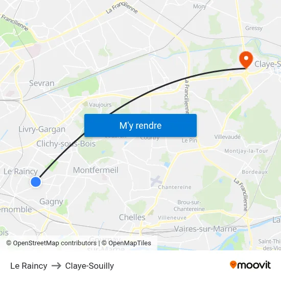 Le Raincy to Claye-Souilly map