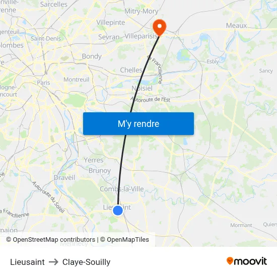 Lieusaint to Claye-Souilly map