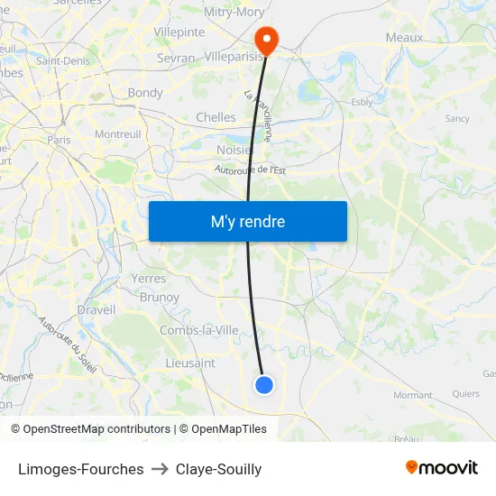 Limoges-Fourches to Claye-Souilly map