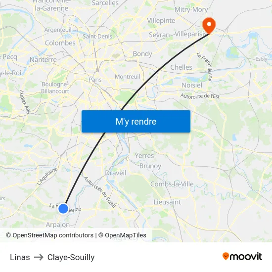 Linas to Claye-Souilly map