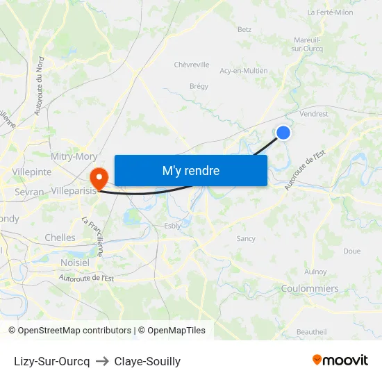 Lizy-Sur-Ourcq to Claye-Souilly map