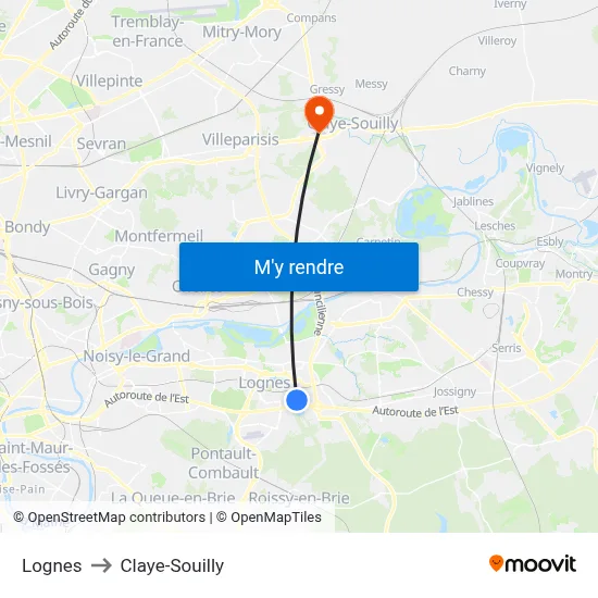 Lognes to Claye-Souilly map