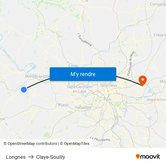 Longnes to Claye-Souilly map