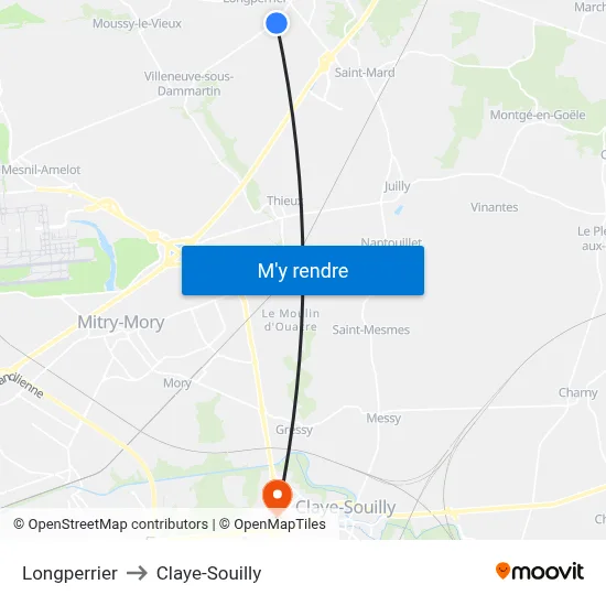 Longperrier to Claye-Souilly map
